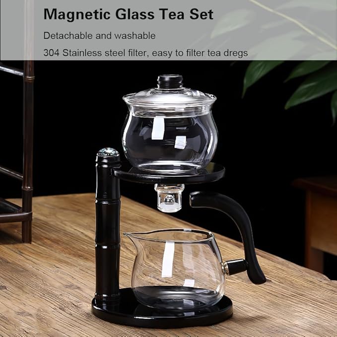 Kungfu Magic Tea Set Glass Magnetic Teapot Semi-Automatic Water Guide Magnetic Teapot with Infuser Heat-Resistant Glass Magic Tea Pot Magic Tea Set Perfect of Holiday Gifts (Black) - Bloomnest
