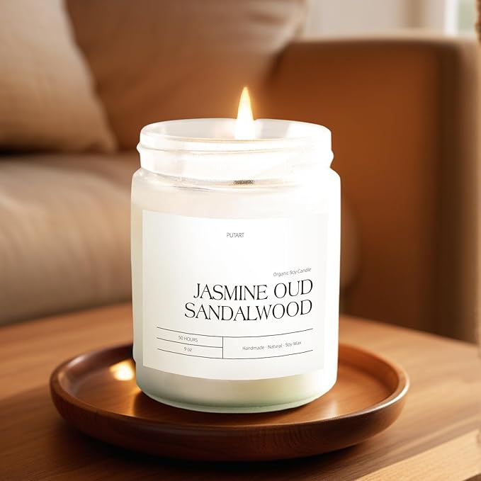 Jasmine, Oud & Sandalwood Scented Candles for Home, Natural Soy Wax Aromatherapy Non Toxic Candle Gifts for Women Men, Home Fragrance Decoration Glass Jar Candle for Relaxation (9oz White - Bloomnest