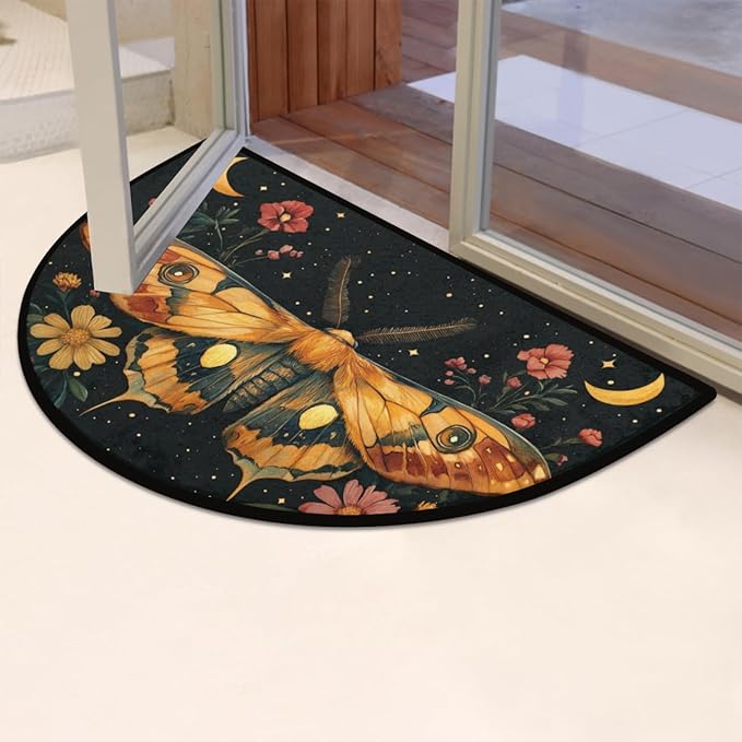 Half Round Door Mat, Moth Moon Flower Half Circle Rug for Home Decor Floor Indoor Outdoor Non-Slip Washable Half Moon Rug Doormat 36X24 Inch - Bloomnest