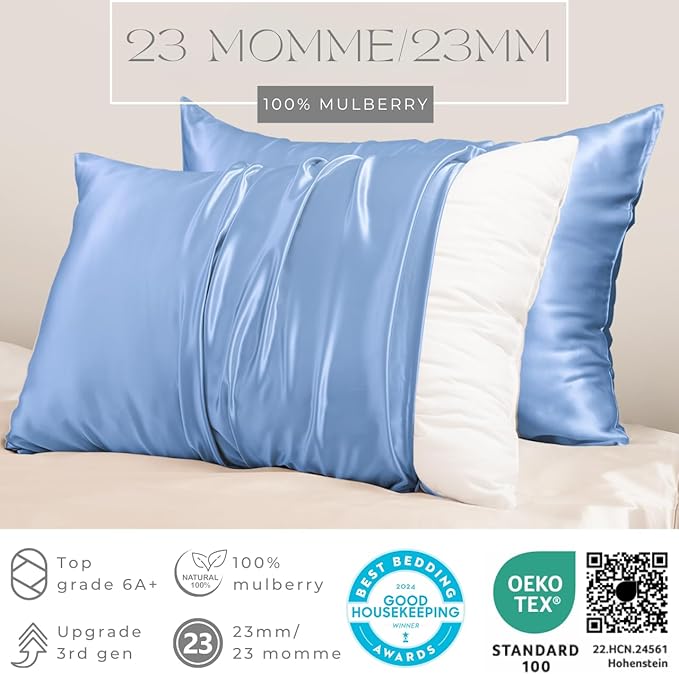 PROMEED 23 Momme Silk Pillowcase 2 Pack with Zipper, 3rd Gen Grade 6A+ 100% Mulberry Silk Pillow Case Set of 2, Cooling Pillow Cases for Hot Sleepers (King 20"x36", Light Blue) - Bloomnest
