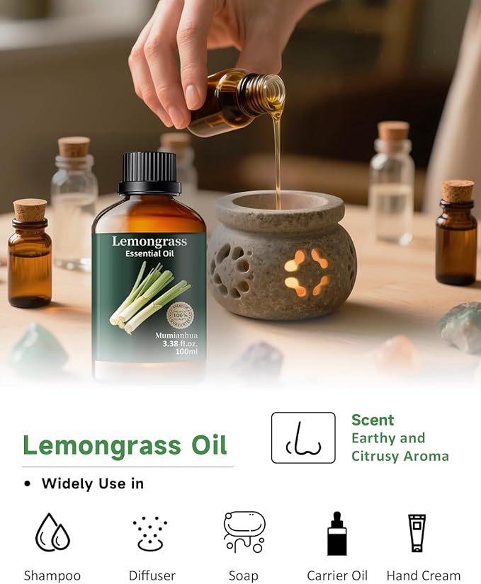Pure Lemongrass Essential Oil,Mumianhua Natural Lemongrass Oil for Aromatherapy Diffuser, Outdoor Fresh Air, Natural Protective Blends, Skin Care, Hair, Spray, Soap, Candle Making 3.38 Fl Oz - Bloomnest