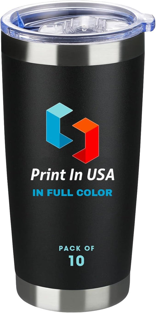 Personalized Custom Print in USA Tumbler 10Pcs 20oz Stainless Steel Double Wall Coffee Cup with Lid & Straw Insulated Tumbler with Colorful Text Logo Photo