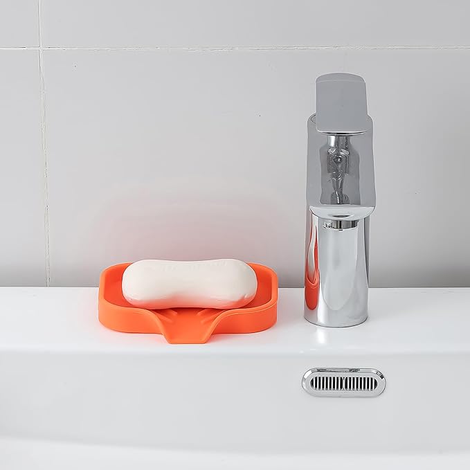Silicone Bathroom Soap Dishes with Drain Spout-Bathroom and Kitchen Sink Organizer,Sponge Holder,Dish Soap Tray,Perfect for Dispenser,Scrubber,Bottle,Cup on Sink or Counter-Orange 4.9"×3.2" - Bloomnest
