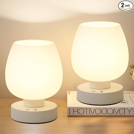 Cordless Touch Bedside Table Lamp set of 2 - Rechargeable Modern Small Table Lamp with White Glass Lamp Shade, Stepless Dimmable & 8 RGB Colors & Memory, Desk Lamp for Nursery Bedroom Nightstand - Bloomnest