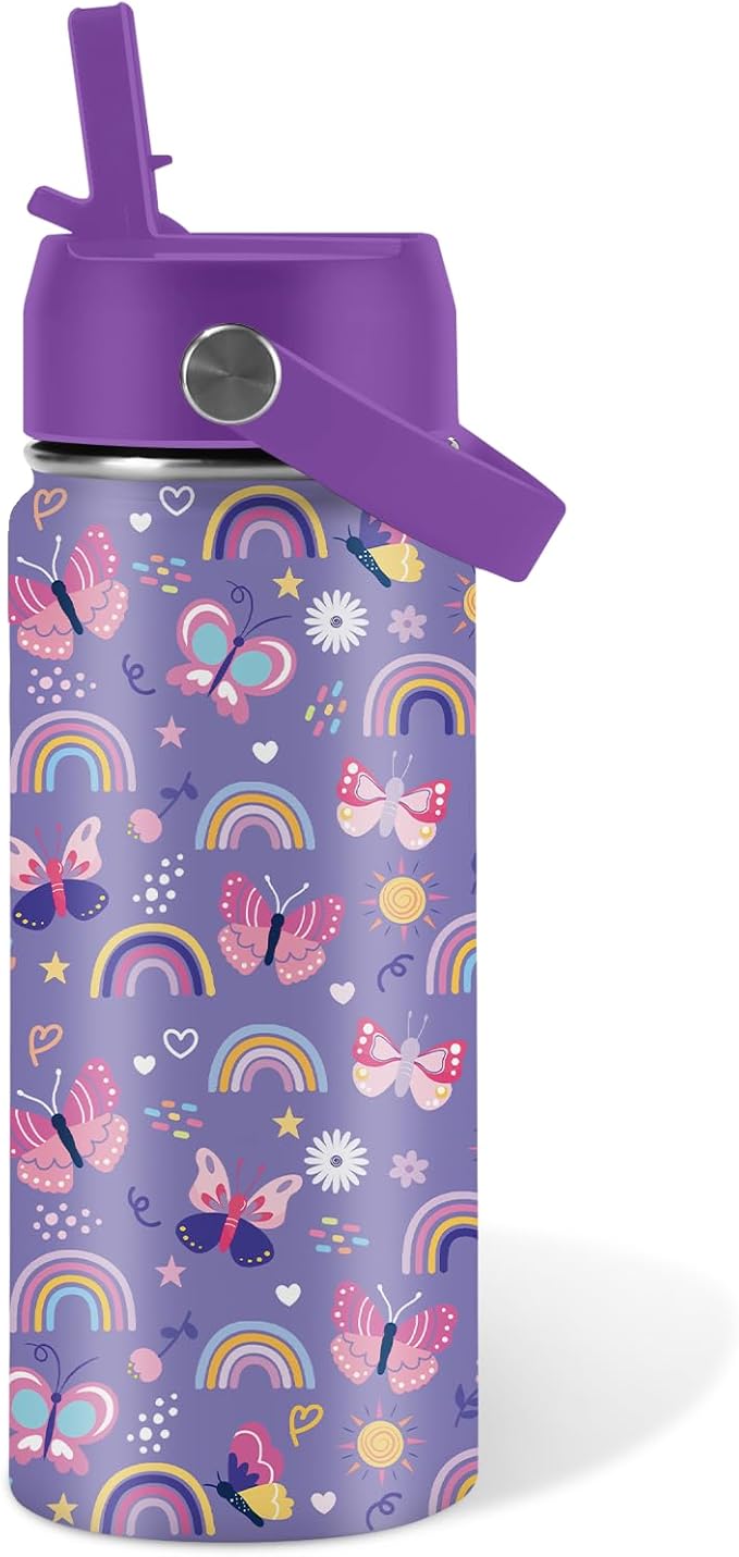 Butterfly Gifts - 16oz Purple Kids Water Bottle with Straw Lid, Stainless Steel Insulated Tumbler, Leakproof, BPA-Free, for Girls, School, Travel - Butterfly Rainbow Themed Birthday Gift Cup (1pc) - Bloomnest