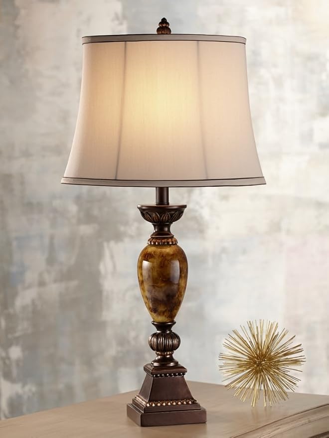 kathy ireland Mulholland Traditional Table Lamp 30" Tall Brown Gold Faux Marble Aged Bronze Off-White Fabric Oval Shade Decor for Bedroom Living Bedside Nightstand Home Office Kids Room - Bloomnest