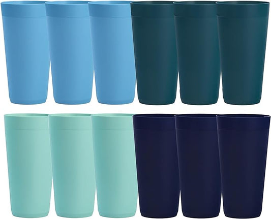 US Acrylic Newport 32 ounce Unbreakable Plastic Stackable Iced-Tea Tumblers in 4 Coastal Colors | Set of 12 Drinking Cups | Reusable, BPA-free, Made in the USA, Top-rack Dishwasher and Microwave Safe - Bloomnest