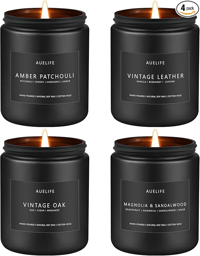 Scented Candles Set | Candle for Men, Soy Candles for Home Scented, Gifts for Men - Mens Gifts, 4 Pack Candle Gift for Dad Fathers Day (Leather/Vintage Oak/Amber Patchouli/Magnolia & Sandalwood) - Bloomnest