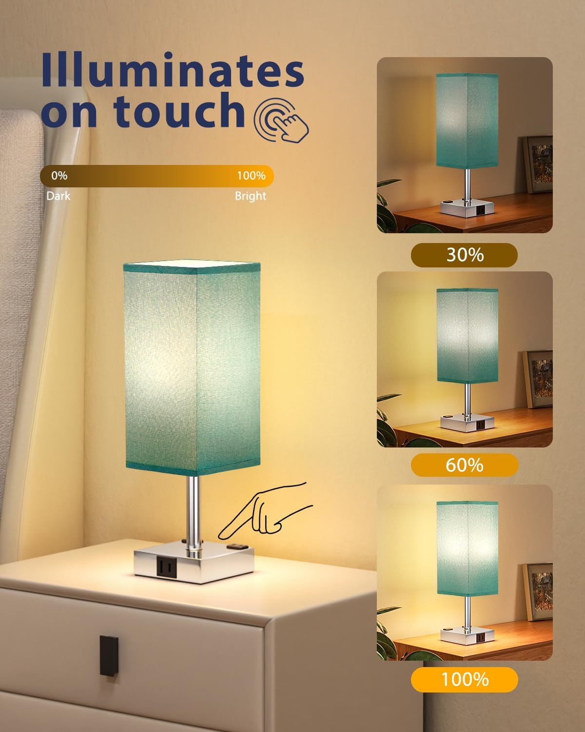 Touch Bedside Table Lamp for Nightstand - 3-Way Dimmable Night Lamp with USB A + Type C Charging Ports and Two AC Outlets, Small Desk Light with E26 Bulb for Bedroom Living Room Dorm, Turquoise