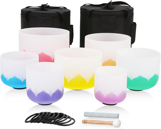 432HZ 6-12 Inch 7 Pcs Lotus Frosted Crystal Singing Bowl Set for Meditation Healing Yoga Chakra Quartz Crystal Sound Bowls with Heavy Duty Carry Cases and Rubber Mallet,Suede Striker,O-rings