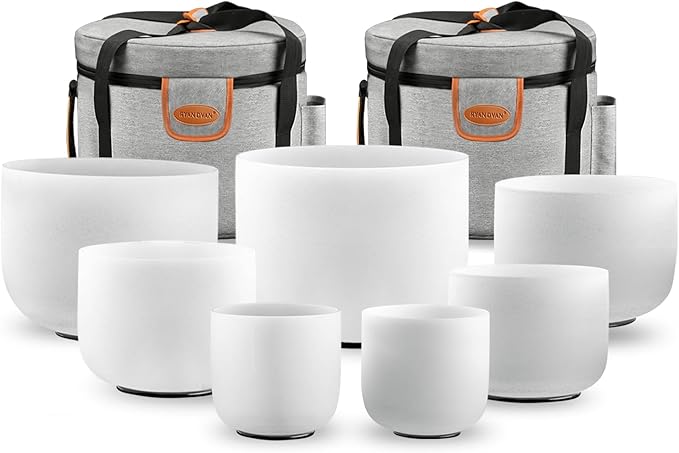 Ryan Dvan 432Hz 7-12 Inch 7 Chakra Crystal Singing Bowl Set Frosted Quartz Crystal Sound Therapy Kit with Suede Mallets 2 Travel Cases O-Ring Tool for Yoga Meditation Energy Balancing Reiki Healing - Bloomnest