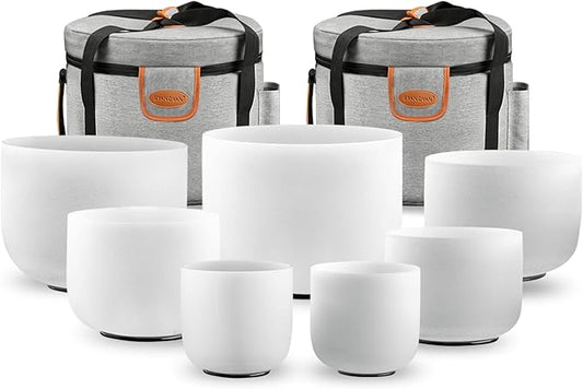 Ryan Dvan 432Hz 7-12 Inch 7 Chakra Crystal Singing Bowl Set Frosted Quartz Crystal Sound Therapy Kit with Suede Mallets 2 Travel Cases O-Ring Tool for Yoga Meditation Energy Balancing Reiki Healing - Bloomnest