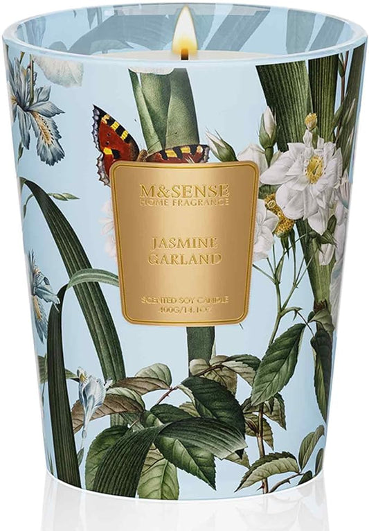 M&SENSE Jasmine Garland Scented Natural Soy Wax Candle, 14.1oz 60 Hours Long Lasting Slow Burning Candles for Home Decor, Aromatherapy Candle for Stress Relief - Bloomnest