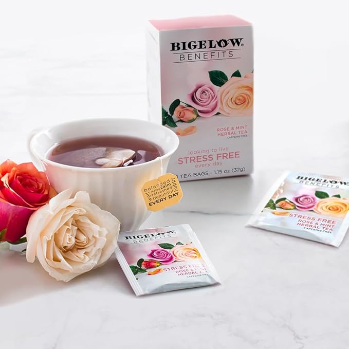 Bigelow Benefits Stress Free Rose & Mint Herbal Tea, Caffeine Free, 18 Count (Pack of 6), 108 Total Tea Bags - Bloomnest