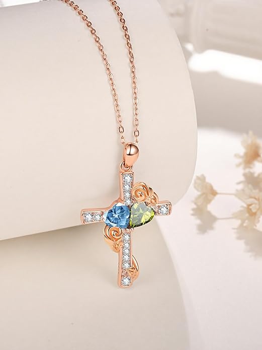 Rose Gold Dual Birthstones Cross Necklace for Women Rose Flower Jewelry Anniversary Christmas Mother's Valentine's Day Birthday Gift for Wife Girlfriend Mom - Bloomnest