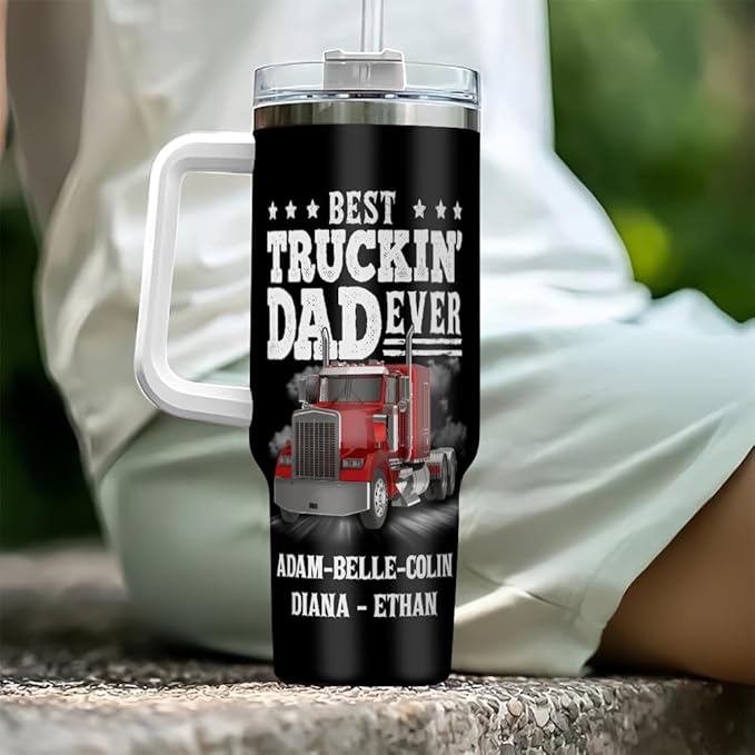 Best Truckin' Dad Ever Personalized Tumbler with Handle and Lid, Custom Truck Driver Nutrition Facts Mug, 20oz 30oz Insulated Stainless Steel Gift - Bloomnest