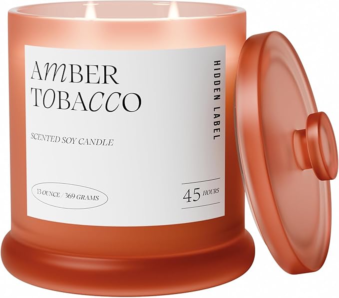 Hidden Label Amber Tobacco Fall Candles | 2 Wick Large Candles for Home Scented 13oz 75Hour Long Lasting Slow Burning | Aromatherapy Candle for Home Decor, Stress Relief & Relaxation - Bloomnest