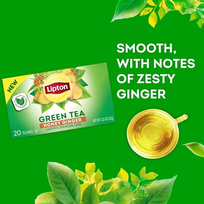 Lipton Honey Ginger Green Tea Bags, Flavored, Unsweetened Teabags for Hot Tea or Iced Tea with Caffeine and Flavonoids, 120 Total Tea Bags (20ct - Pack of 6) - Bloomnest
