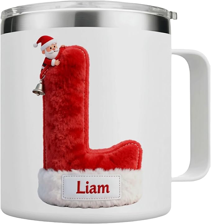 Personalized Santa Hat Mug | Custom Initial Insulated Christmas Coffee Cup with Handle & Lid | 12oz Holiday Tumbler, Cute Stocking Stuffer Gift for Kids & Family (B13) - Bloomnest