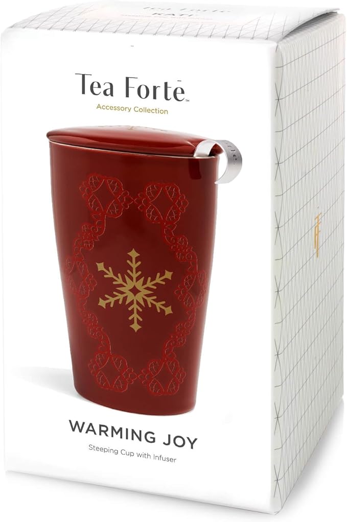Tea Forte Double-Walled Ceramic Kati Cup, Removable Stainless Steel Infuser Basket and Lid, Steeps 12 oz Loose Leaf Tea, Dishwasher & Microwave Safe, Warming Joy - Bloomnest