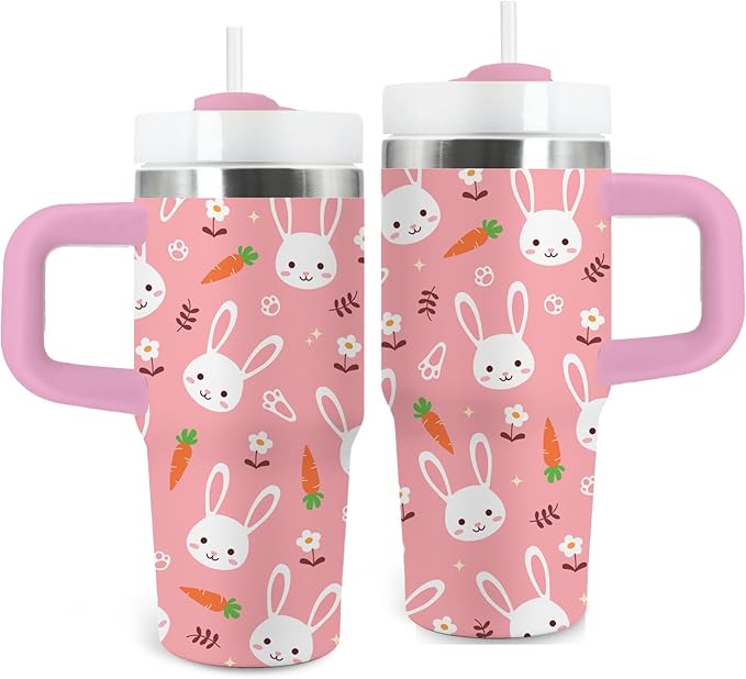 Rabbit Gifts for Kids - 14 Oz Pink Kids Tumbler with Handle and Straw, Stainless Steel Insulated Tumbler, Sweatproof, for Sports, School, Travel - Bunny Lovers Children Birthday Gifts Cups(1pc) - Bloomnest