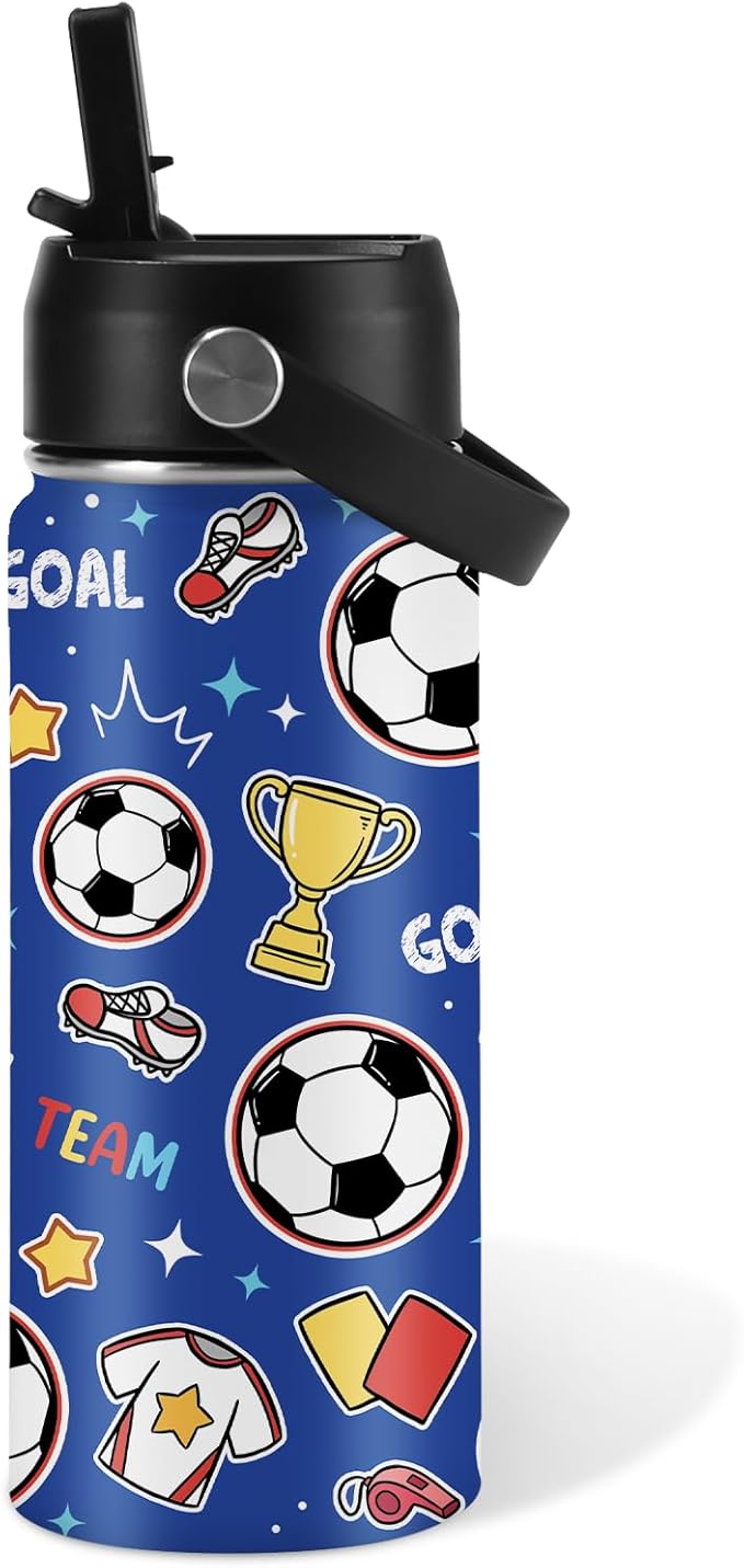 Soccer Gifts for Kids - 16 Oz Kids Water Bottle with Straw Lid, Stainless Steel Insulated Tumbler, Leak Proof, BPA-Free, for Girls, School, Travel - Soccer Lovers Children Birthday Gifts Cups(1pc) - Bloomnest