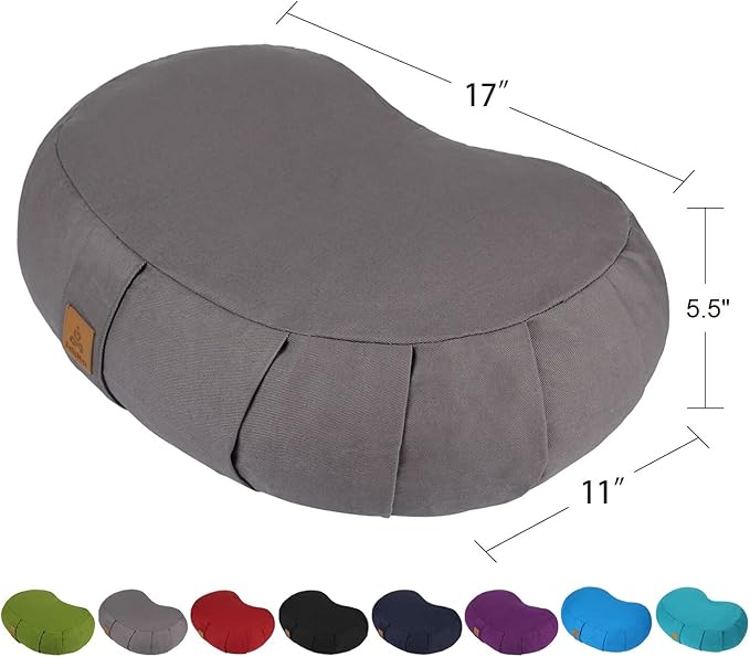 Crescent Zafu Meditation Pillow, D=17" W=11" H=5.5" Zabuton Yoga Bolster, Meditation Cushion, Floor Pouf Yoga Pillow Zippered Organic Cotton Cover Natural Buckwheat kneeling pillow - Large
