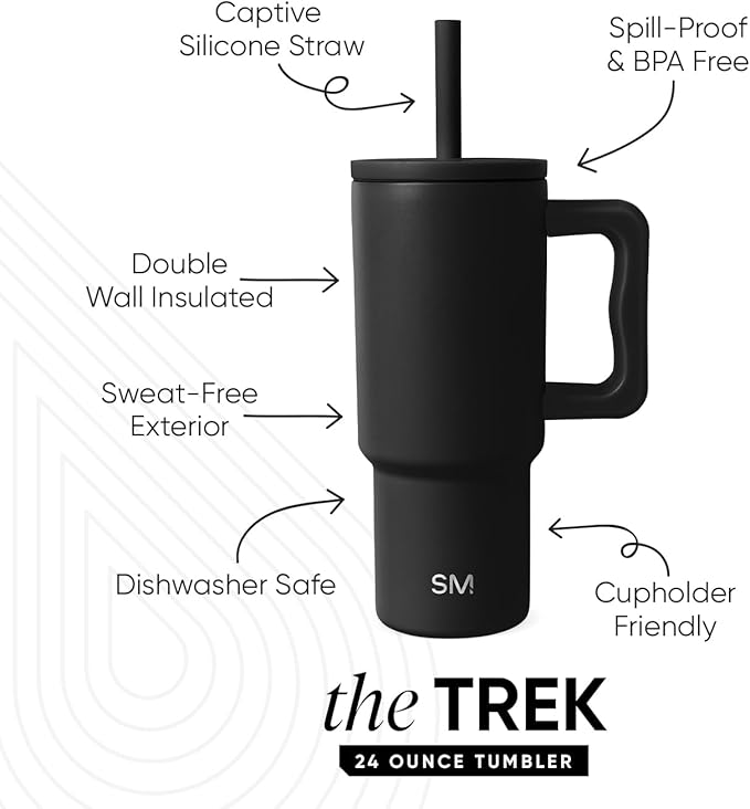 Simple Modern Kids 24 oz Tumbler with Handle and Silicone Straw Lid | Spill Proof and Leak Resistant | Reusable Stainless Steel Bottle | Gift for Kids Boys Girls | Trek Collection | Midnight Black - Bloomnest