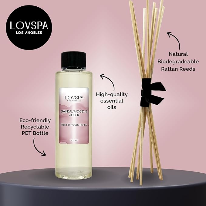 LOVSPA Sandalwood & Amber Diffuser Oil - Luxury Essential Oils for Diffuser Refill & Air Freshener Room Spray - Long-Lasting & Natural Home Fragrance, Scented Oil for Diffusers, USA Made, 4oz - Bloomnest