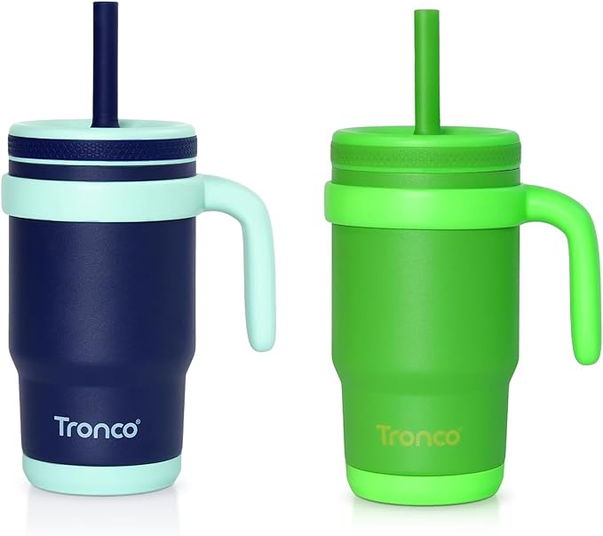 Tronco 14 oz Kids Insulated Tumbler with Handle & Spill Resistant Flexible Straw, BPA-Free Stainless Steel Toddler Cups with Lids, Splash-Proof Kid Drinking Cup Travel Mugs, Easy to Clean - Bloomnest