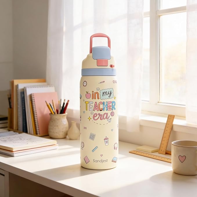 Teacher Stainless Steel Water Bottle, In My Teacher Era, Vacuum Insulated, Push-Button Lid, 32 oz, Gifts for Women Girls Friends Back to School Appreciation Birthday Christmas SANDJEST
