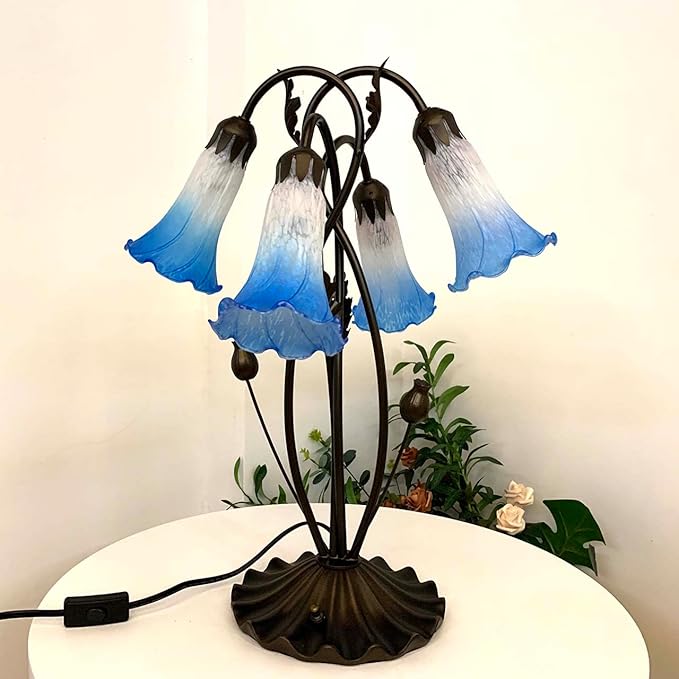 Bieye L10854 Lily Flower Blown Glass Accent Table Lamp for Living Room Bedroom Decoration (4-Light, Blue) - Bloomnest