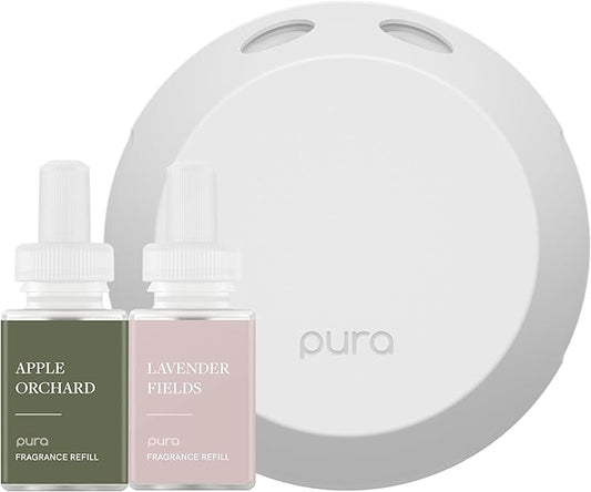 Pura - Smart Home Fragrance Device Starter Set - Pura 4 - Scent Diffuser for Home - Includes Fragrance Aroma Diffuser - Square Box, Apple Orchards and Lavender Fields Scent Refills - Bloomnest