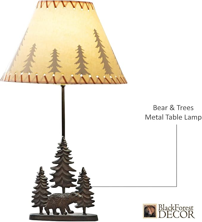BLACK FOREST DECOR Bear & Trees Metal Table Lamp - Rustic Cabin Lighting - 24.5" x 8" x 3.75" - Bloomnest