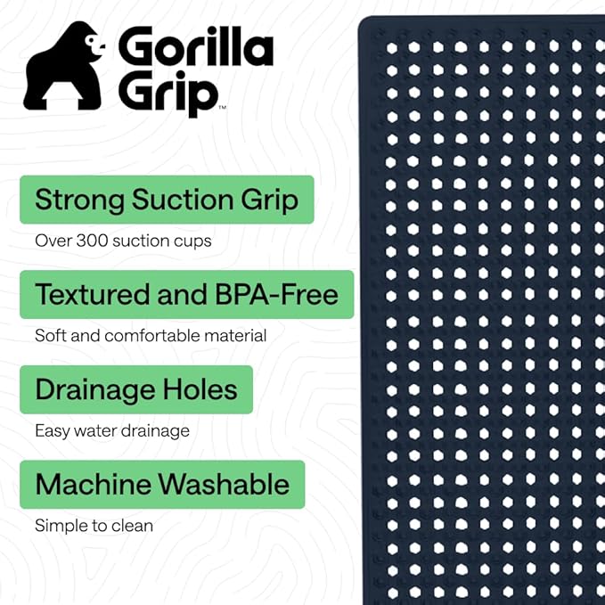 GORILLA GRIP Patented Bath Tub Shower Mat, Machine Washable Bathtub Floor Liner Mats, Suction Cups and Drain Holes to Keep Tubs Clean, Soft on Feet, Bathroom Essentials, 35x16 Inch, Navy Opaque - Bloomnest