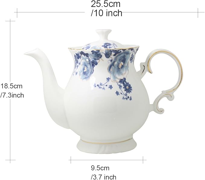 Jomop European Style Ceramic Flower Teapot Coffee Pot Water Pot Porcelain Gift Large 5.5 Cups (1, Blue and White) - Bloomnest