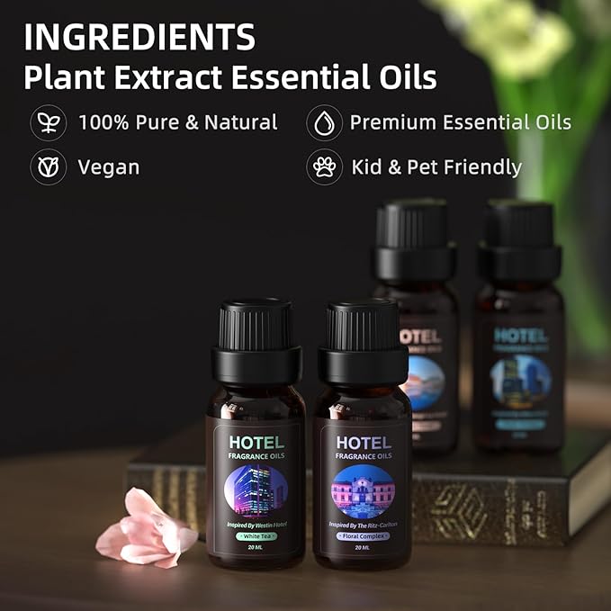 Premium Hotel Fragrance Essential Oil Collection, 4-Piece Luxury Scent Set, White Tea, Floral Complex, Oriental Floral and Fresh Breeze, 4 * 20 ML - Bloomnest