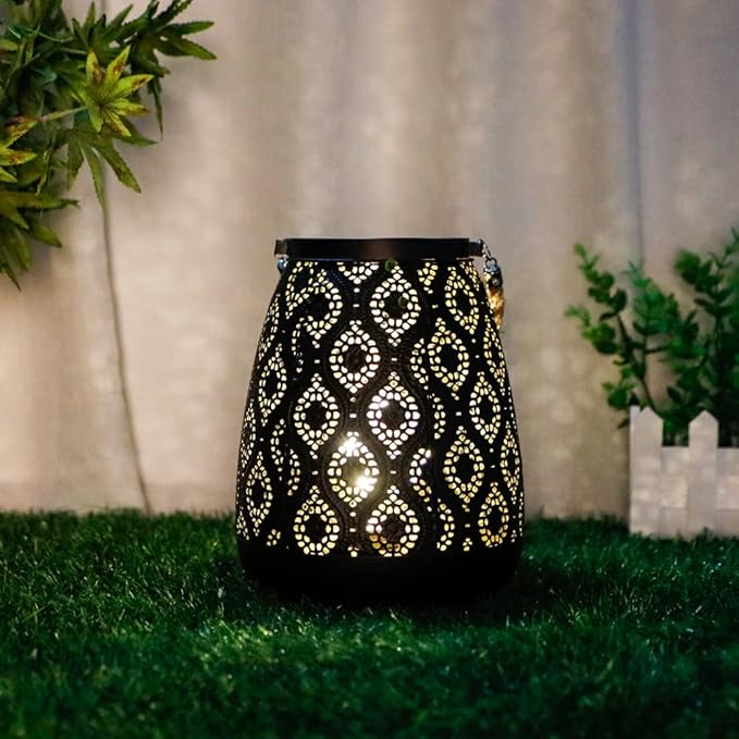 TRIROCKS Moroccan Style Metal Lamp 8''H Battery Operated Cordless Table Lamp Vintage Lantern for Living Room Garden Yard Patio Parties Event Indoors Outdoors (Black with Gold Brush) - Bloomnest