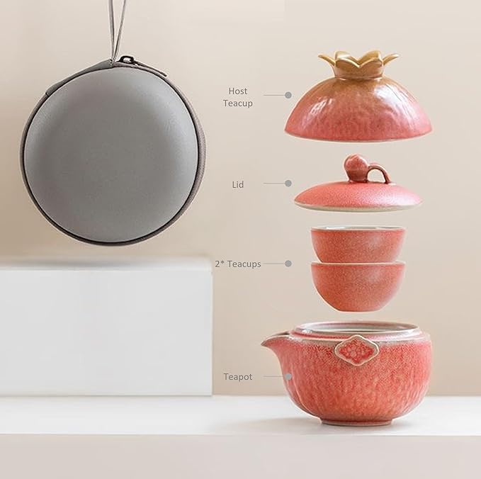 Pomegranate Shape Travel Teapot, Portable Ceramic Tea Set, 1 Pot 3 Mini Cups, Tea Set for One to Three, Tea Gift for Tea Lovers - Bloomnest