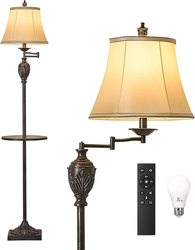 Traditional LED Floor Lamp with 350° Adjustable Swing Arm Lamp – Vintage Standing Pole lamp for Living Room, Bedroom and Office – Rustic Upright Floor Light for Home Décor with Silk Fabric Shade - Bloomnest