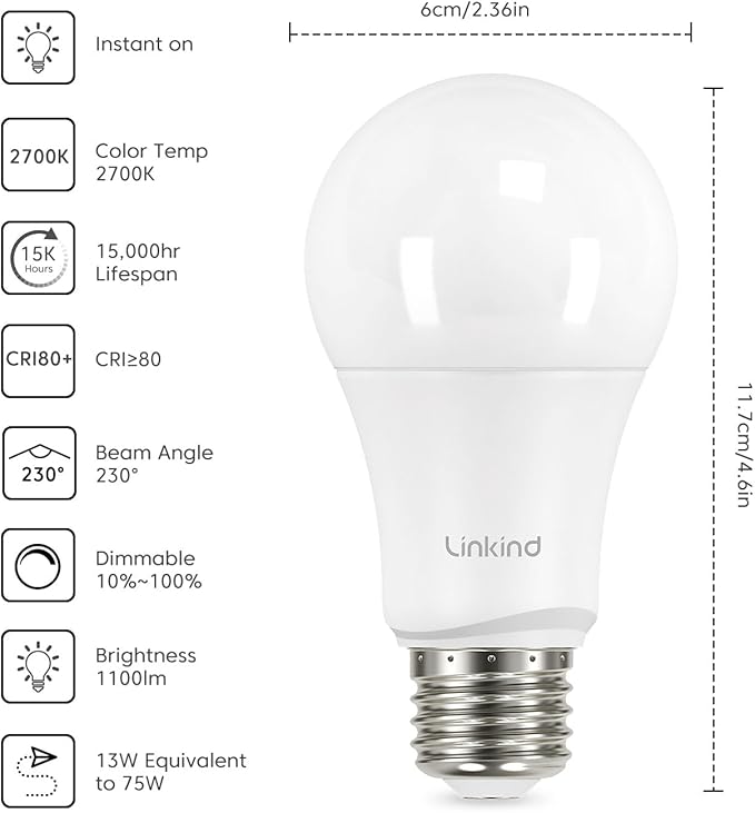 Linkind A19 LED Light Bulbs, 75 Watt Equivalent Dimmable Light Bulbs, E26 Base, 2700K Soft White, 13W 1100 Lumens, UL Listed FCC Certified, Lighting for Bedroom Living Room Home Office, 6 Packs - Bloomnest