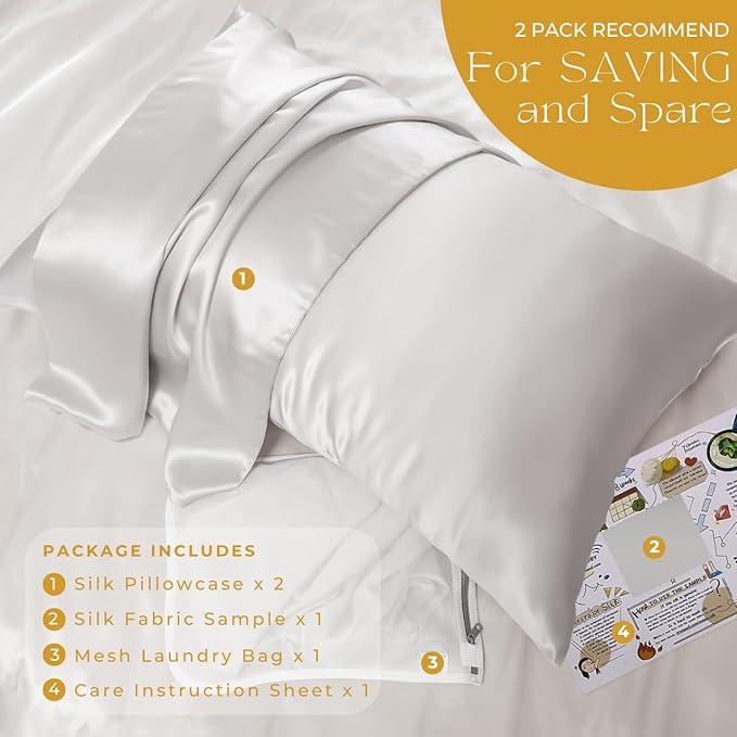 PROMEED 23 Momme Silk Pillowcase 2 Pack with Zipper, 3rd Gen Grade 6A+ 100% Mulberry Silk Pillow Case Set of 2, Cooling Pillow Cases for Hot Sleepers (King 20"x36", Light Grey) - Bloomnest