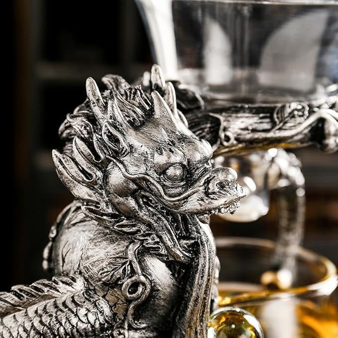 Glass Teapot Set with Infuser Semi Automatic Dragon Tea Set with 6 Small Cups (silver dragon) - Bloomnest