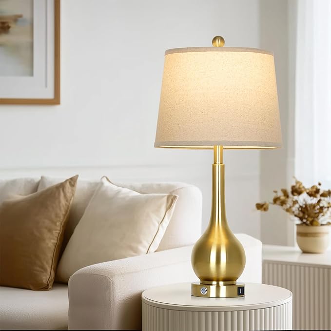 26" Gold Table Lamps Set of 2 for Living Room, Touch Control Bedroom Lamps for Nightstand, 3-Way Dimmable Bedside Lamp with USB A+C Port (2 LED Bulbs Included) - Bloomnest