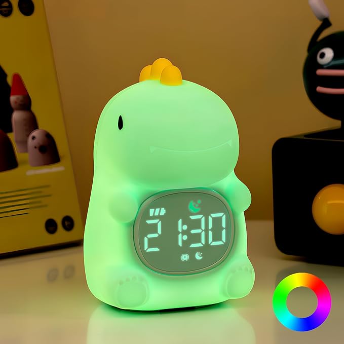 Dinosaurs Alarm Clock with Night Light for Kids with Sleep Training and Sound Machine, Rechargeable Silicone Lamp OK to Wake Clock，Cute Animal Tabletop Lamp, Perfect Sleep Companion for Boys Girls - Bloomnest