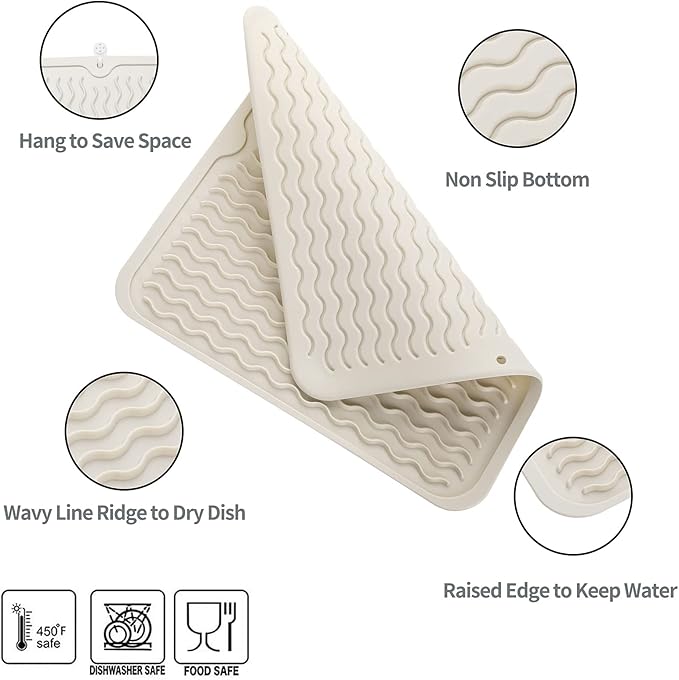 Silicone Dish Drying Mat for Multiple Usage,Easy clean,Eco-friendly,Heat-resistant Silicone Mat for Kitchen Counter or Sink,Refrigerator or Drawer liner Tapioca M 12 inches x 12 inches - Bloomnest