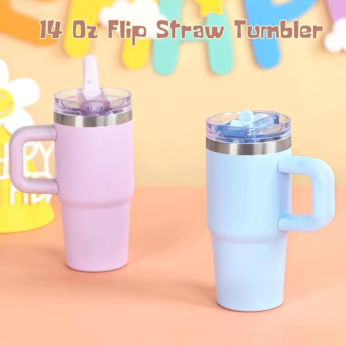 Cosictic 14 Oz Flip Straw Tumbler with Handle for Kids, Stainless Steel Double Wall Insulated Cup for Children with Flip Top Lid, 14 Oz Leak-proof Cups for Kids, Sky Blue - Bloomnest