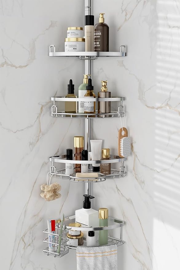 Corner Shower Caddy Tension Pole, 4 Tier Adjustable No Drill Rustproof Large Capacity Space-Saving Shower Shelves Organizer Storage Rack 45.29-119in for Bathroom Bathtub Family Renters, Chrome - Bloomnest