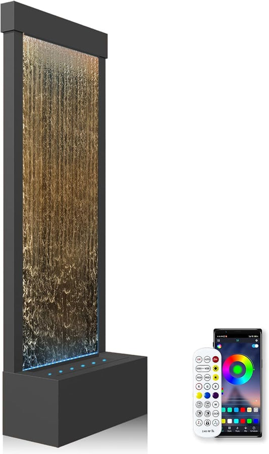 LONGRUN Indoor Water Fountain Mirror Waterfall Fountain with APP Controlled Multicolor LED Light, Floor Standing Fountains Kit, 48" Home Decor Large Freestanding Water Feature Waterfalls - Black Brown - Bloomnest
