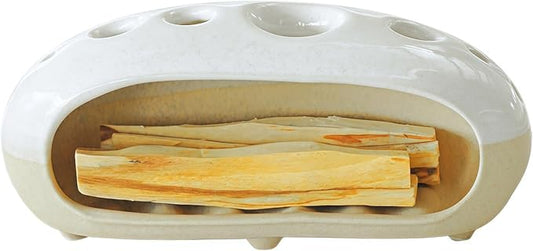 3 in 1 Palo Santo Holder for Sage Bundles Cone Incense, Handcrafted Ceramic Incense Burner Holder Ash Catcher with Chimney, Smudge Bowl for Yoga Meditation Home Decor (Multi - Porous White) GRAMSTORMAX